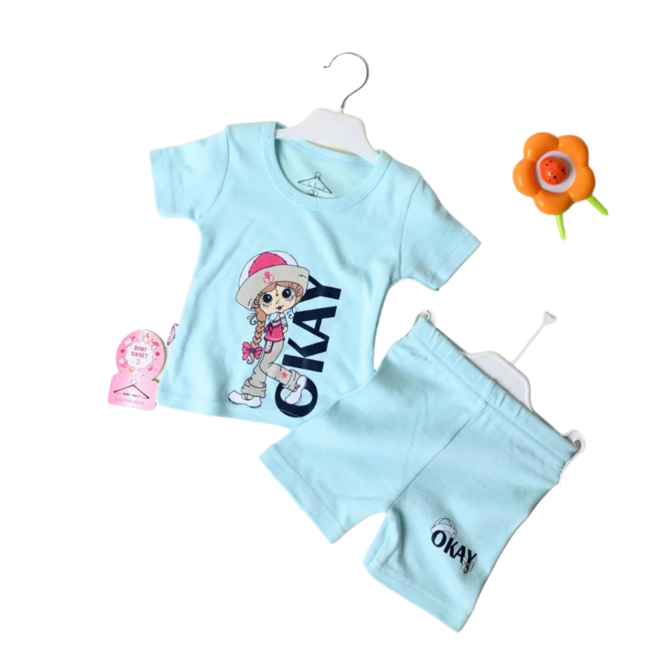 طقم بناتي قطن مكون من قطعتين okay girl💛💚