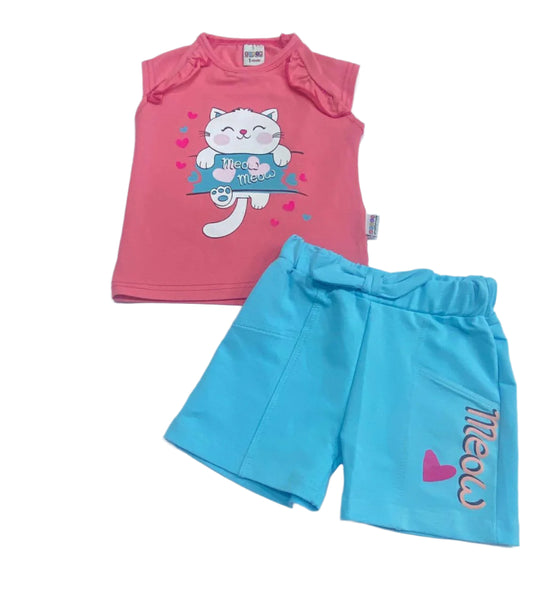 طقم خروج بناتي صيفي مكون من قطعتين خامه ممتازة رسمة القطه😍😍