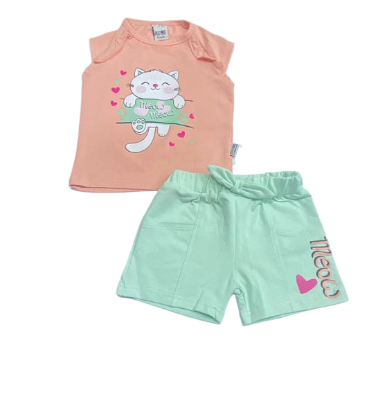 طقم خروج بناتي صيفي مكون من قطعتين خامه ممتازة رسمة القطه😍😍