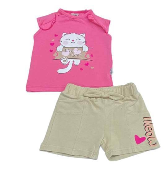 طقم خروج بناتي صيفي مكون من قطعتين خامه ممتازة رسمة القطه😍😍