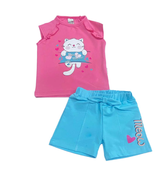 طقم خروج بناتي صيفي مكون من قطعتين خامه ممتازة رسمة القطه😍😍