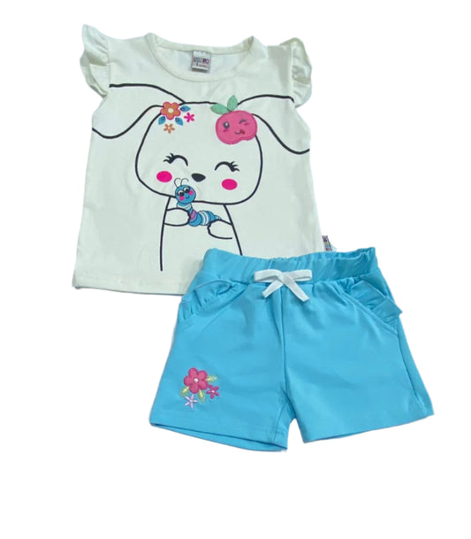 طقم خروج صيفي بناتي مكون من قطعتين رسمة التفاحه ❤️❤️