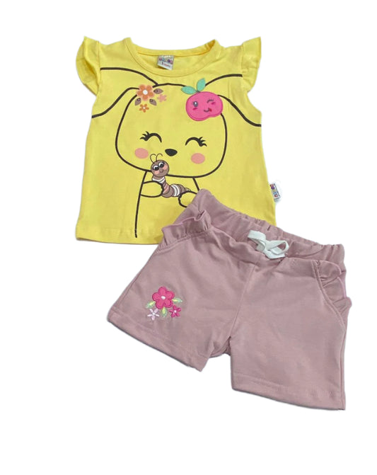 طقم خروج صيفي بناتي مكون من قطعتين رسمة التفاحه ❤️❤️