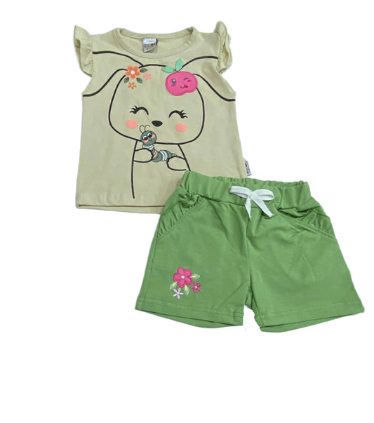 طقم خروج صيفي بناتي مكون من قطعتين رسمة التفاحه ❤️❤️