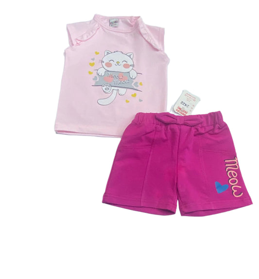 طقم خروج بناتي صيفي مكون من قطعتين خامه ممتازة رسمة القطه😍😍