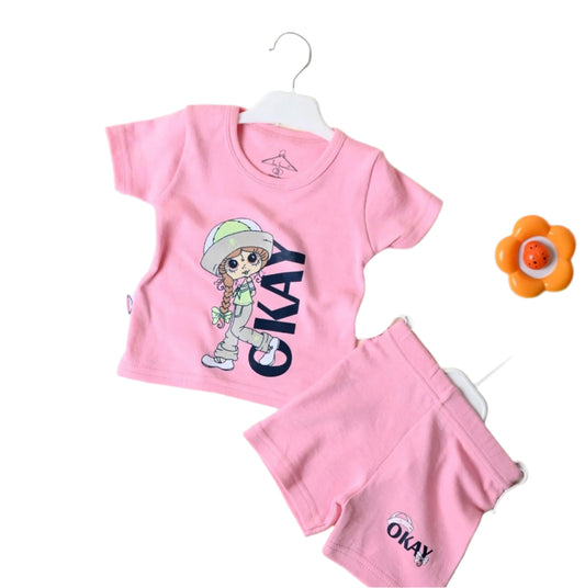 طقم بناتي قطن مكون من قطعتين okay girl💛💚