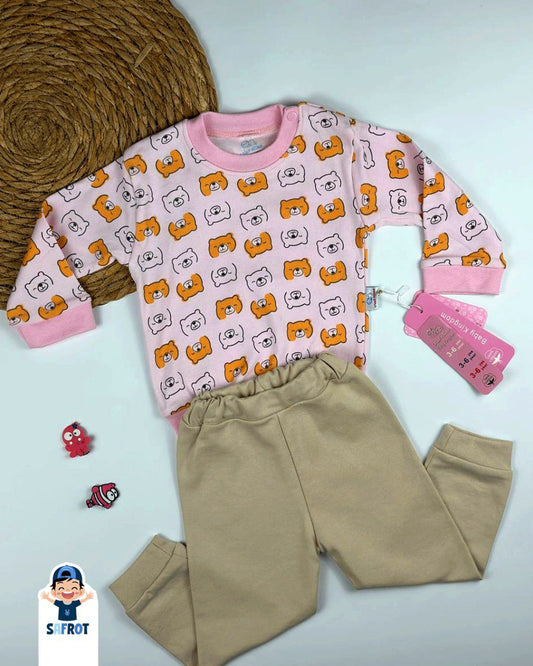 بيجامه اولادي وبناتي قطن 100% خريفي مكون من قطعتين رسمة الدب❤️⛅