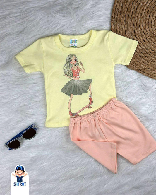 بيجامه بناتي قطن خامه مريحه مكونه من قطعتين رسمة بنت بسكوتر🤩🤩