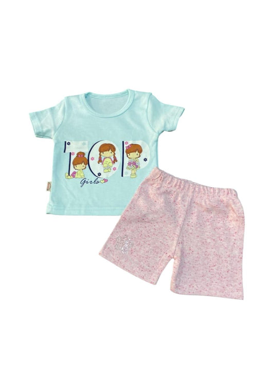 طقم بناتي صيفي رائع مكون من تيشيرت وشورت رسمة 3 بنات 🥰🩷