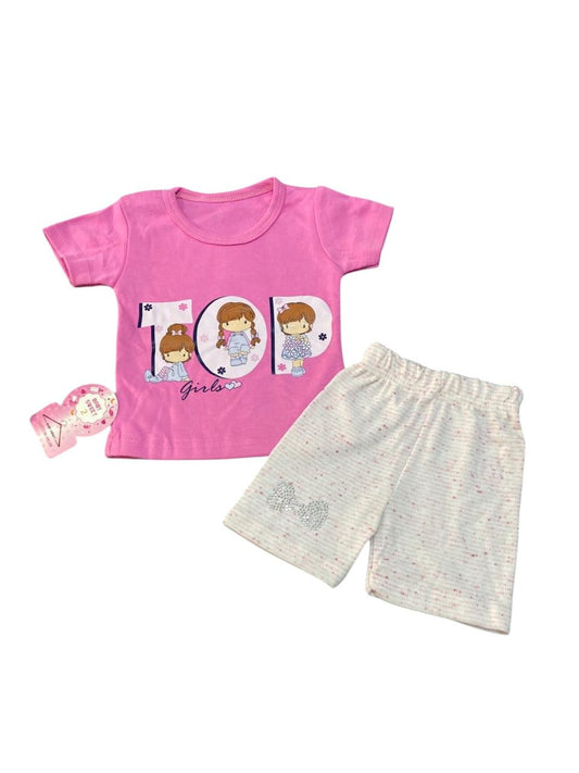 طقم بناتي صيفي رائع مكون من تيشيرت وشورت رسمة 3 بنات 🥰🩷