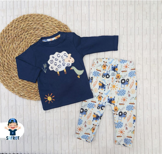 بيجامه اولادي وبناتي خريفي من فاني باني مكون من قطعتين FARM🤍💙