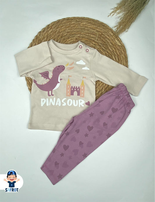 بيجامه بناتي خريفي من فاني باني مكون من قطعتين رسمة الديناصور قطن 100%🤍🩷
