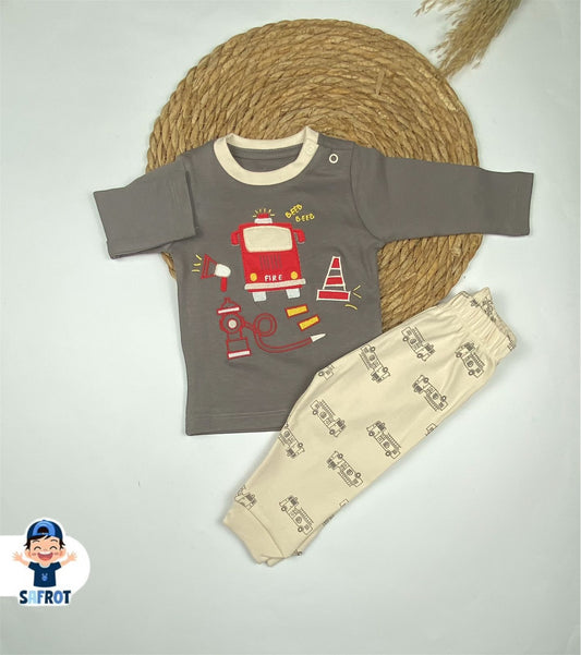 بيجامه اولادي وبناتي خريفي من فاني باني مكون من قطعتين قطن 100% fire🤍🩷