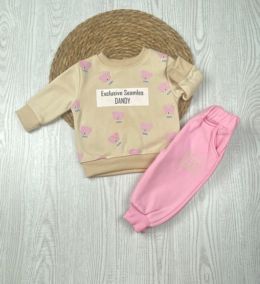 طقم بناتي شتوي خامه ميلتون مكون من قطعتين رسمة دب❤️🤍