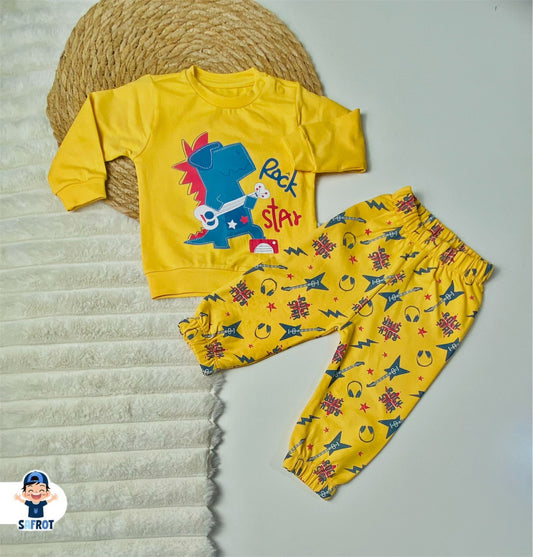 بيجامه اولادي وبناتي خريفي من فاني باني مكون من قطعتين قطن 100% rock star🤍🩷