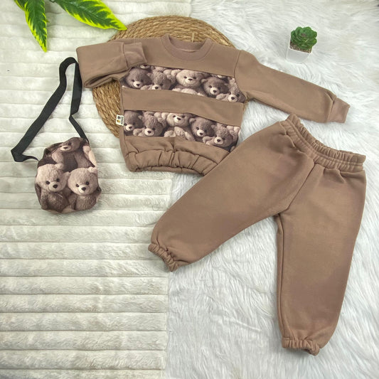 طقم اطفال شتوي خامه ميلتون مكون من 3 قطع مبطن من الداخل رسمة دبدوب🤍💙