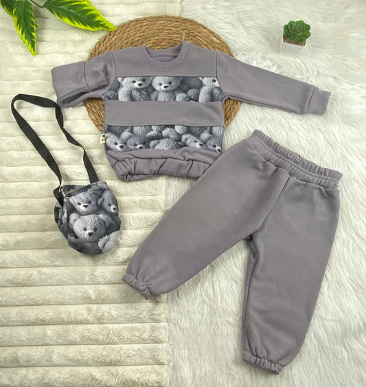 طقم اطفال شتوي خامه ميلتون مكون من 3 قطع مبطن من الداخل رسمة دبدوب🤍💙