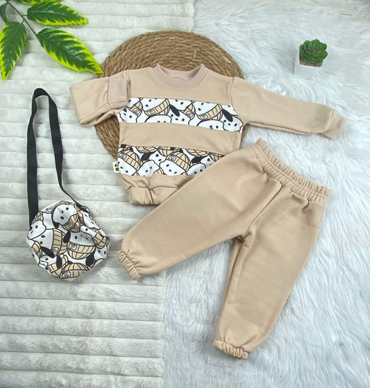 طقم اطفال شتوي خامه ميلتون مكون من 3 قطع مبطن من الداخل رسمة دببه 🤍💙