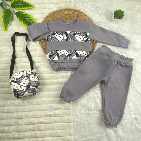 طقم اطفال شتوي خامه ميلتون مكون من 3 قطع مبطن من الداخل رسمة دببه 🤍💙