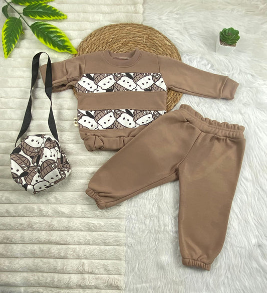 طقم اطفال شتوي خامه ميلتون مكون من 3 قطع مبطن من الداخل رسمة دببه 🤍💙