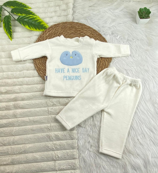 بيجامه قطيفه اولادي و بناتي مكونه من قطعتين خامه مريحه penguins🤍🩷