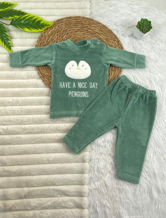 بيجامه قطيفه اولادي و بناتي مكونه من قطعتين خامه مريحه penguins🤍🩷
