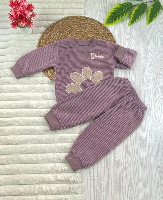 طقم بناتي شتوي خامه قطيفه مكون من قطعتين مبطن من الداخل رسمة وردة🤍🤍