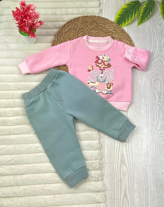 طقم شتوي ميلتون بناتي مكون من قطعتين رسمة بنت بنضاره مبطن من الداخل🩷🤍