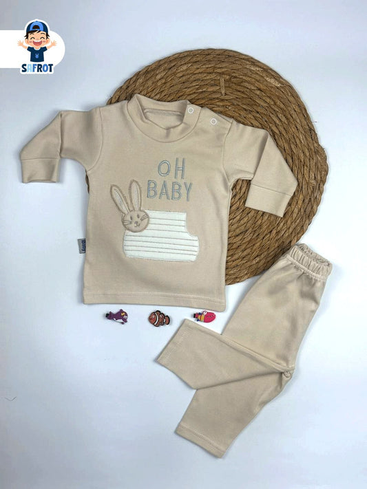 بيجامه اولادي وبناتي خريفي قطن 100% مكون من قطعتين رسمة oh baby 🩷🤍