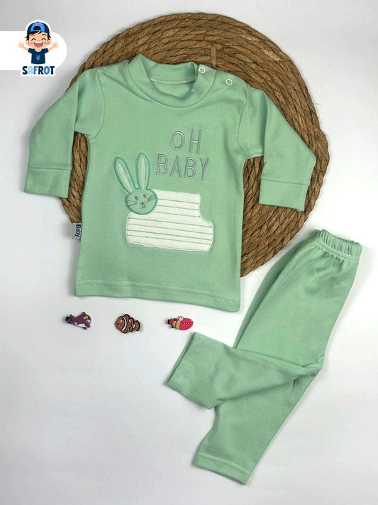 بيجامه اولادي وبناتي خريفي قطن 100% مكون من قطعتين رسمة oh baby 🩷🤍