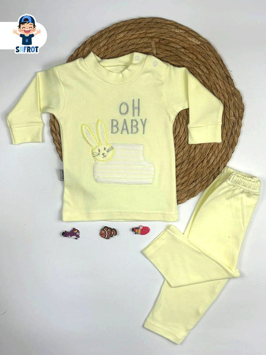 بيجامه اولادي وبناتي خريفي قطن 100% مكون من قطعتين رسمة oh baby 🩷🤍