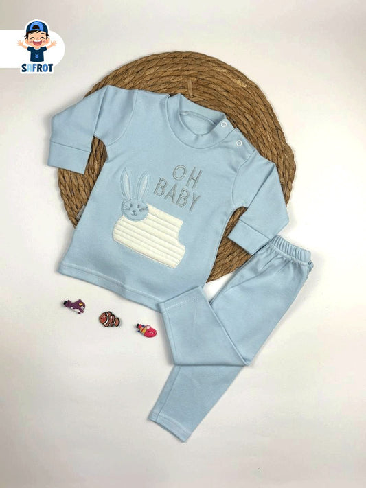 بيجامه اولادي وبناتي خريفي قطن 100% مكون من قطعتين رسمة oh baby 🩷🤍