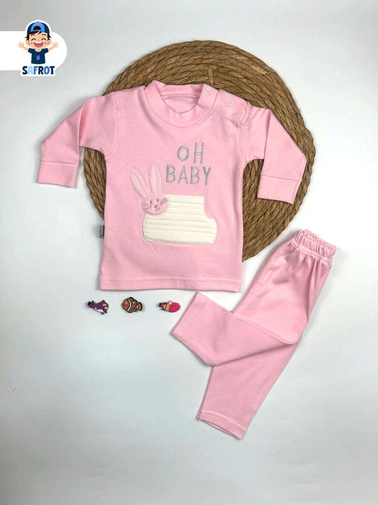 بيجامه اولادي وبناتي خريفي قطن 100% مكون من قطعتين رسمة oh baby 🩷🤍