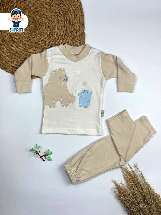 بيجامه اولادي وبناتي قطن 100% خريفي مكون من قطعتين رسمة دبين 🤍🐻❄️🐻