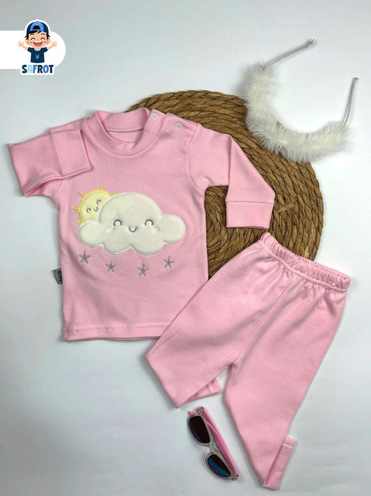 بيجامه اولادي وبناتي قطن 100% خريفي مكون من قطعتين رسمة السحابه ❤️⛅