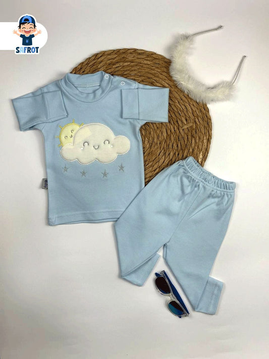 بيجامه اولادي وبناتي قطن 100% خريفي مكون من قطعتين رسمة السحابه ❤️⛅