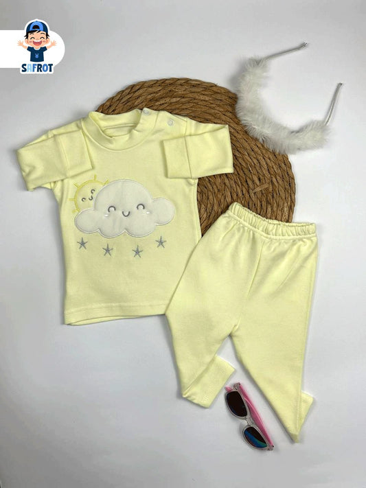 بيجامه اولادي وبناتي قطن 100% خريفي مكون من قطعتين رسمة السحابه ❤️⛅