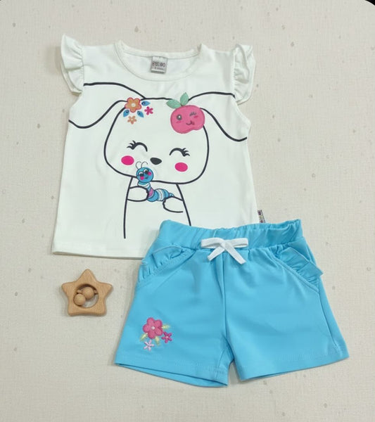 طقم خروج صيفي بناتي مكون من قطعتين رسمة التفاحه ❤️❤️