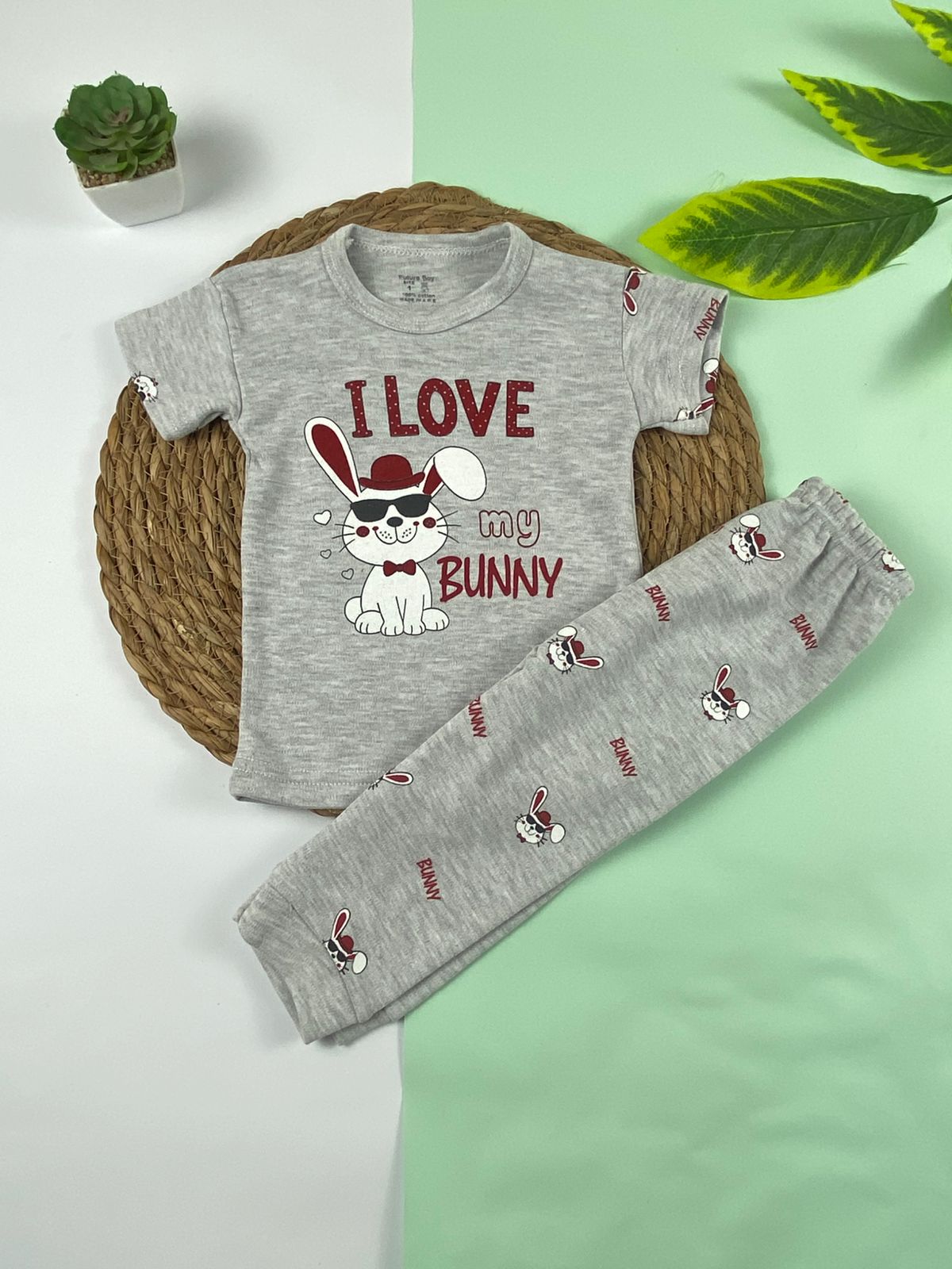 بيجامه بناتي قطن 100% مكون من قطعتين i love my bunny 🤍😍