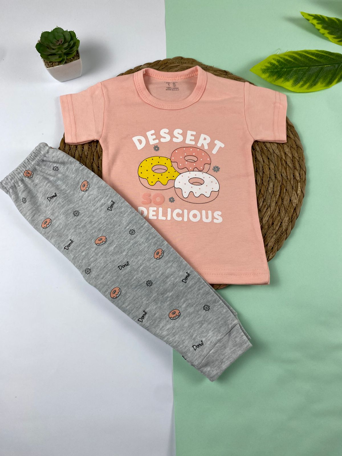 بيجامه صيفي بناتي قطن 100% مكون من قطعتين dessert🤍😍