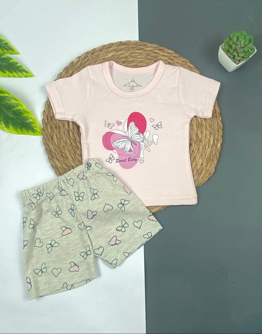 بيجامه صيفي بناتي قطن مكون من قطعتين  رسمة الفراشه 🩷😍