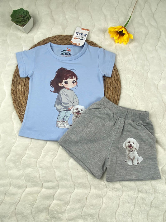 بيجامه صيفي  بناتي قطن100 %  مكون من قطعتين رسمة بنت وكلب   ❤️❤️❤️