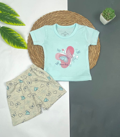 بيجامه صيفي بناتي قطن مكون من قطعتين  رسمة الفراشه 🩷😍