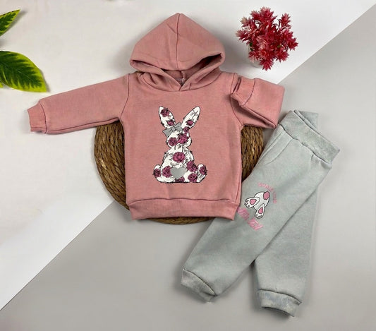 طقم شتوي ميلتون ضد الوبره بناتي مكون من قطعتين مبطن من الداخل رسمة ارنبه🩷🤍