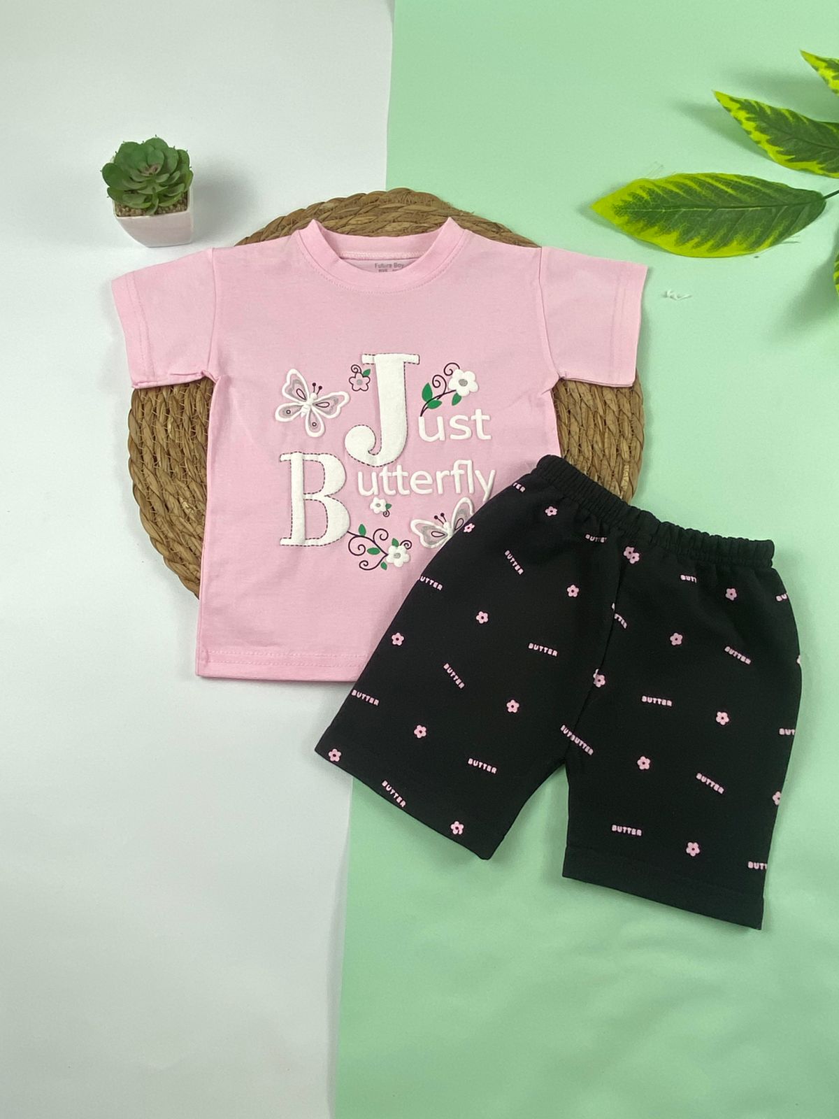 بيجامه بناتي قطن 100% مكون من قطعتين just butterfly🤍😍