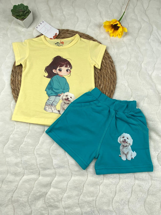 بيجامه صيفي  بناتي قطن100 %  مكون من قطعتين رسمة بنت وكلب   ❤️❤️❤️