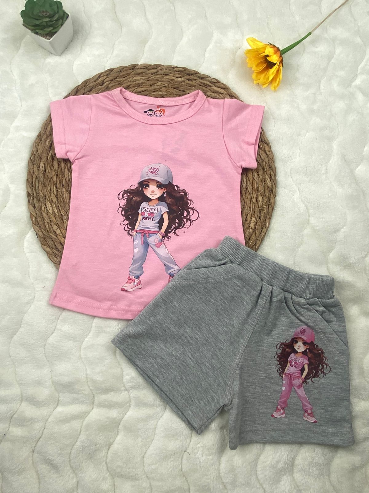 بيجامه صيفي  بناتي قطن100 %  مكون من قطعتين رسمة بنت بكاب   ❤️❤️❤️