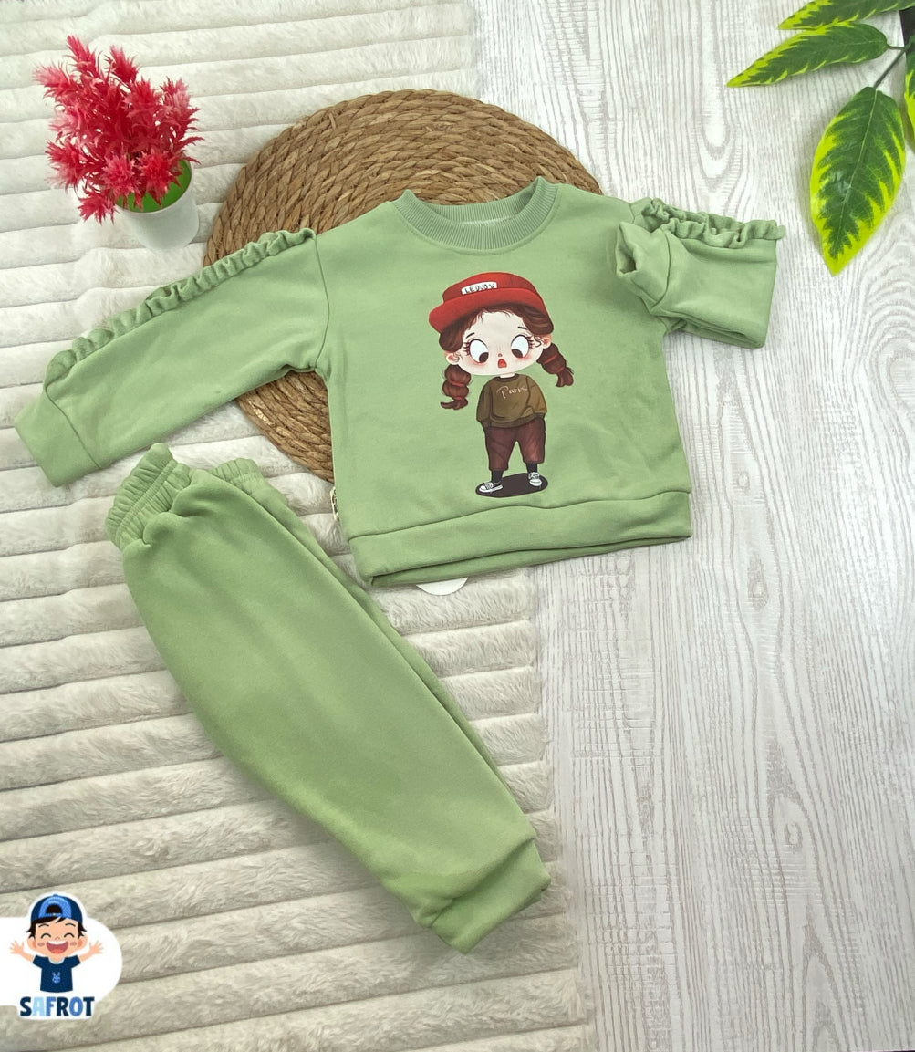 طقم بناتي شتوي خامه ميلتون مبطنه من الداخل مكون من قطعتين رسمة بنت  🤍🤍