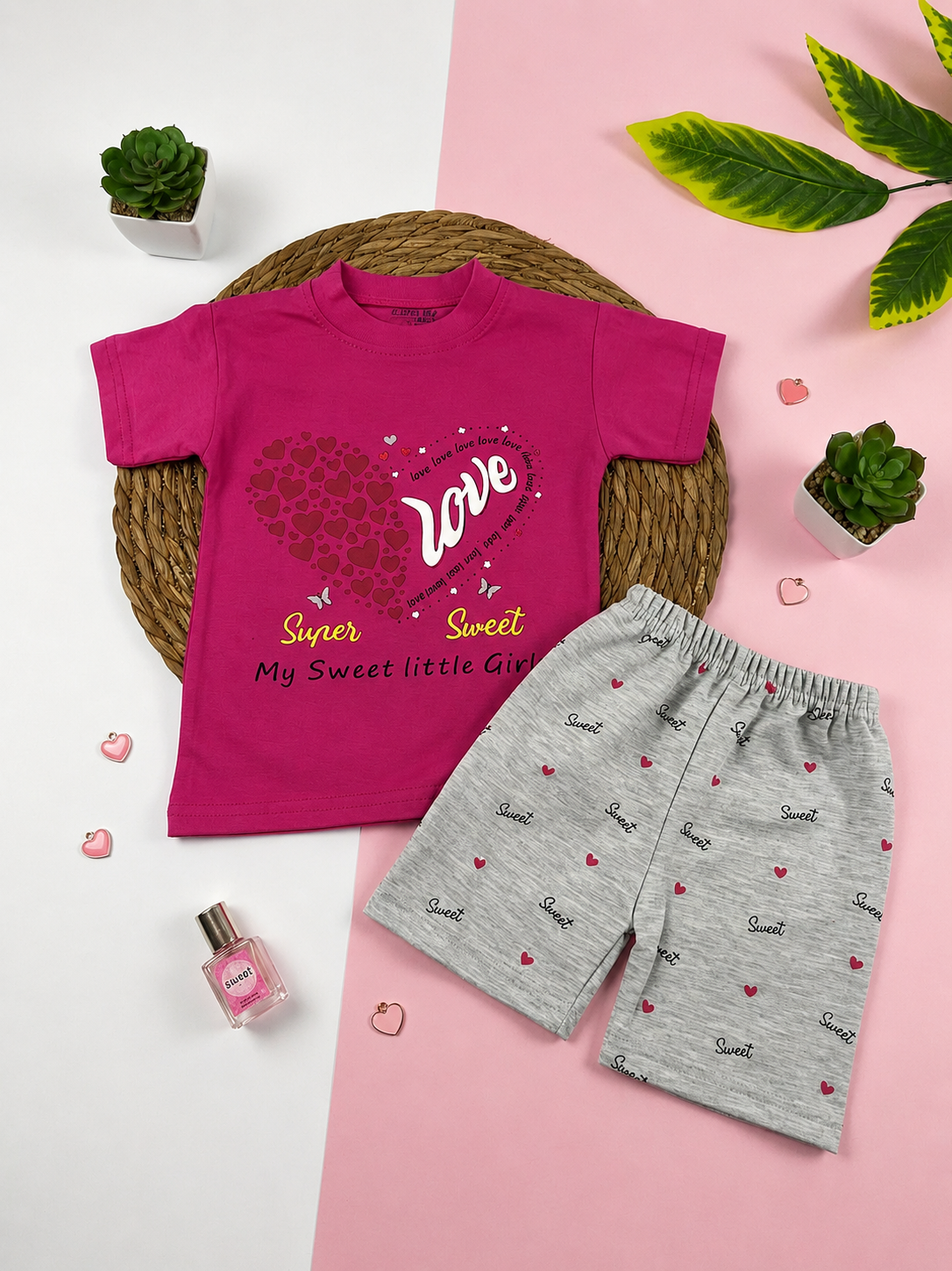 بيجامه صيفي بناتي قطن 100% مكون من قطعتين love🤍😍