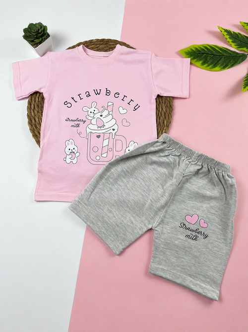 بيجامه صيفي  بناتي قطن 100% مكون من قطعتين strawberry🩷😍
